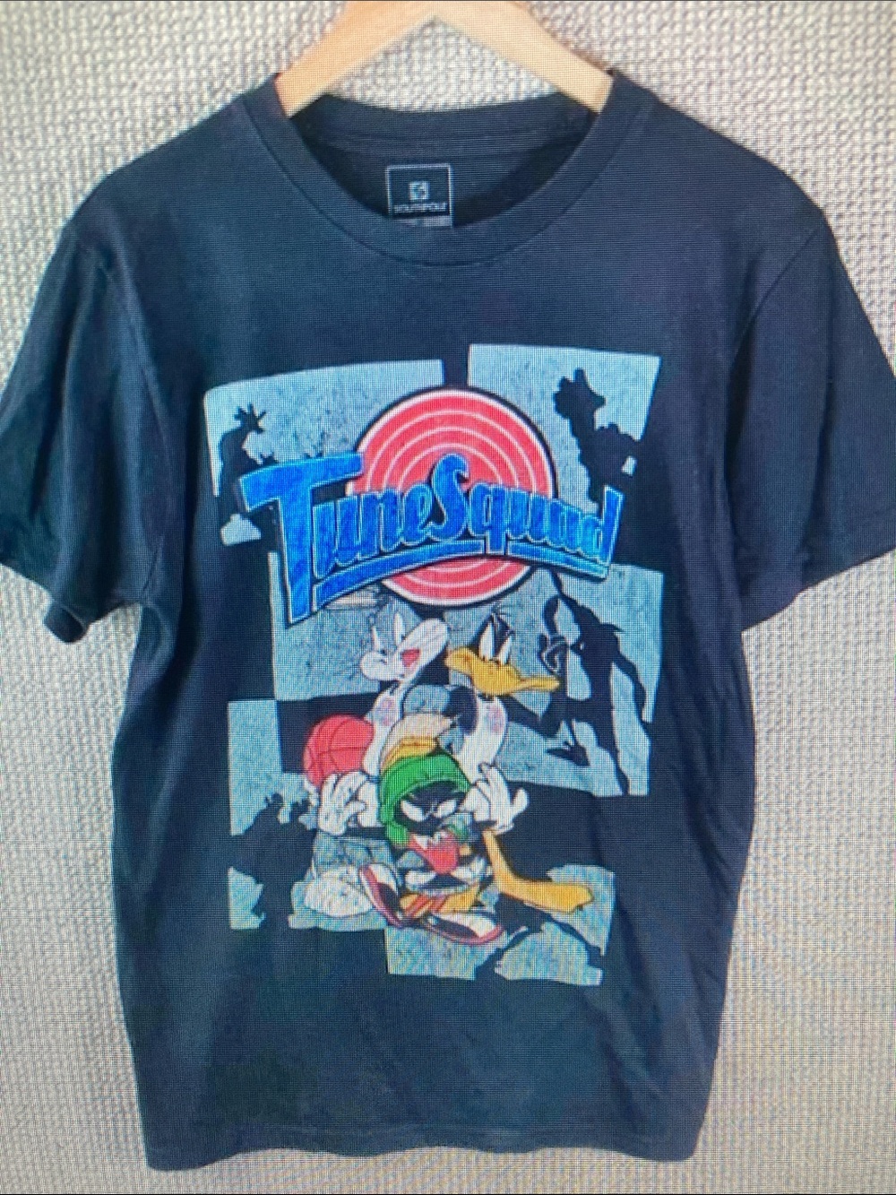 Zara Black Tune Squad Graphic Tee with Blue and Red Accents